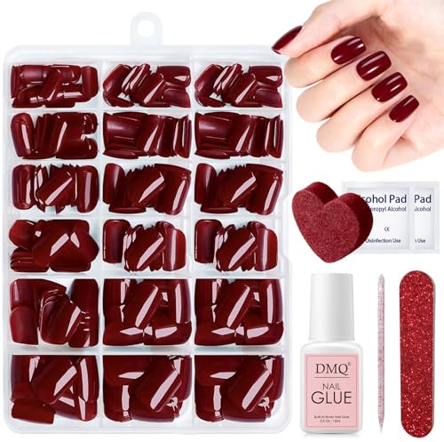 DMQ Burgundy Press on Nails Short Set, 240Pcs Wine Red False Nails Square, Glossy Cherry Dark Christmas Red Fake Nail, Full Cover Artificial Stick on Fingernails with Glue for Women Nail Art DIY