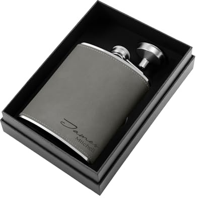 Flasque a Alcool Personnalisé, 227ml Whisky Flasque Cuir Gravé Avec un Entonnoir Coffret Cadeau Homme(Gris)