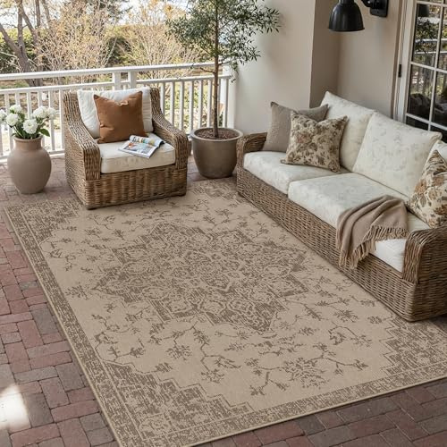 WondRg 5x7 Easy Jute Outdoor Patio Rug Washable Brown Floral Floral Area Rug for Living Room Lightweight Non Slip No Sheding Carpet Balcony Farmhouse Bedroom Backyard Dining Room Deck