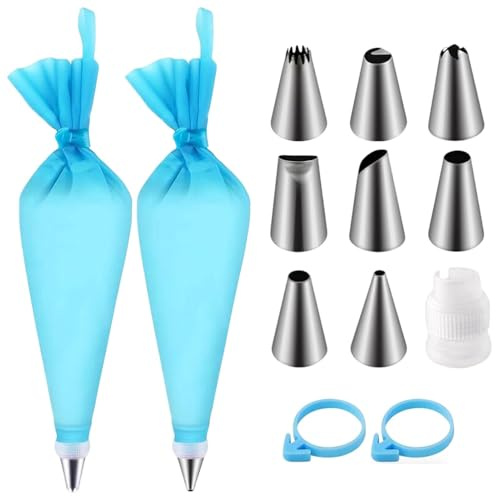 13Pcs Piping Bags and Nozzles Set, Reusable Cake Decorating Kit | 2 Reusable Icing Bags+2 Frosting Bag Ties+1 Coupler+8 Stainless Steel Nozzles For Cake Decorating, Cupcakes, And Baking Use