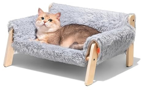 Raised Cat Bed, Elevated Cat Sofa with Wooden-Leg, Removable & Washable Plush Cover, Cats Lounge Chair for Indoor Hold up 15kg, 56x45x27cm, Grey