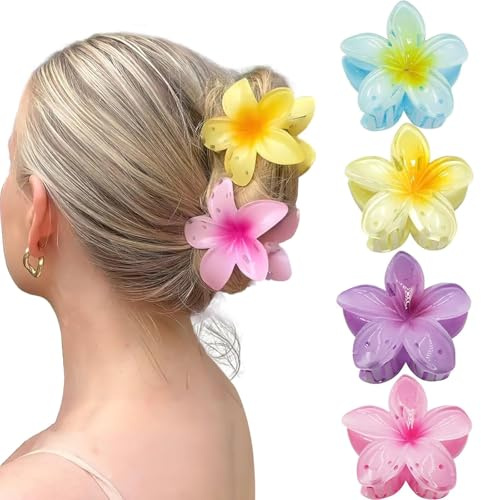 Pinza Pelo Flor, 4pcs Clips de Garras de Flores, Pinzas de Pelo en Forma de Flor, Flors Hawaiana Pelos, Hebillas de Pelos de Flors Antideslizante, Flower Hair Clip, para Niñas y Mujeres (Color C)