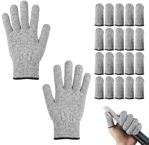 Guantes Anticorte Nivel 5 con 20 Piezas Protector de Dedos, Guantes de Trabajo Resistentes para Cocina, Tallar Madera y Jardinería, Guantes de Seguridad Transpirables y Flexibles