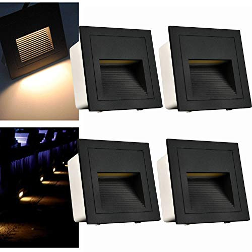 Arotelicht 4pcs/3W Wall Recessed Stair Lights LED,Warm White,Outdoor IP65 Step Light,Square Recessed Wall Light,Black Cover Garden Lighting,Deck Balcony,for Stairs, corridors, Steps