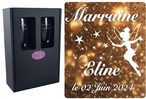 2 Flûtes à Champagne Gravées Modèle Fée avec Boîte Cadeau - Cadeau Parrain ou Marraine – Verre de Baptême Communion – Coupe de Champagne personnalisée (demande annonce naisance) – Fée Clochette Disney