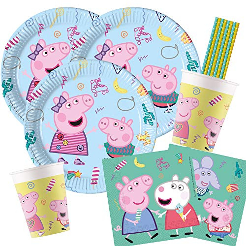 procos/Hobbyfun 44-teiliges Party-Set Peppa Wutz - Pig - Teller Becher Servietten Trinkhalme für 8 Kinder