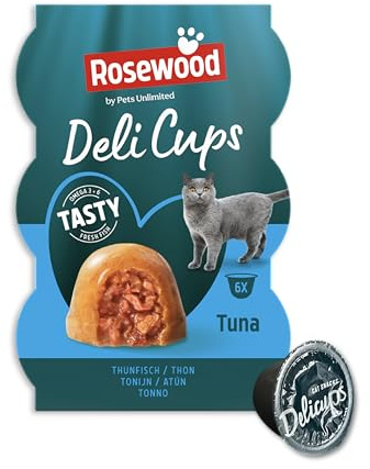 Rosewood Deli Cups Thunfisch – Weicher Katzensnack mit Thunfisch, natürliche Zutaten, Omega-3 und Omega-6 Fettsäuren, ohne Salz oder Zucker, ohne künstliche Zusatzstoffe, 6 x 22 g