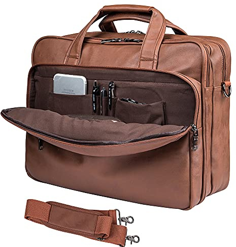 seyfocnia läder laptopväska, herr 15,6 tum 17,3 tum messenger portfölj business skolväska dator handväska axelväska, [H]brun, 15.6 inch, Budbärare