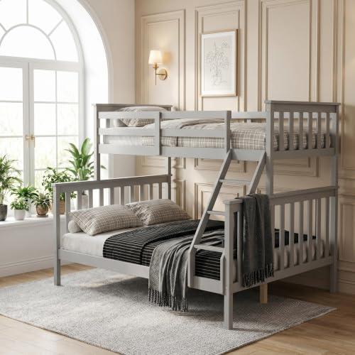 Panana Triple Bunk Bed, Thiple Sleeper, Solid Pine Wood Bed Frame, with Guardrail and Ladder, Double 4ft6, Single 3ft (Grey)