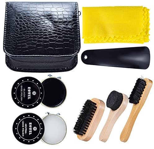 YUET Kit per la pulizia e la cura delle scarpe, set per la pulizia e la cura della lucentezza, per pelle marrone e nera, con custodia da viaggio di lusso e morbida setole in crine di cavallo,