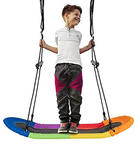 GOPLUS Balançoire Nid d’Oiseau de Surf, Trapèze Ovale avec Hauteur réglable 100-160CM, Escarpolette avec Poignée, Bascule avec Sièges Suspendus, Convient à Patio, Cour, Extérieur (Multicolore)