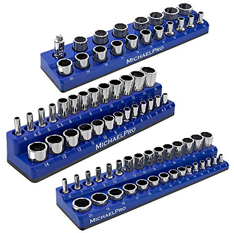 MichaelPro MP014002 hylsnyckelhållare, magnetisk 3 stycken – 1/4 tum, 3/8 tum och 1/2 tum metrisk hylsnyckelhållare, hylsnyckelsats, hållare för verktygslådor metrisk (metrisk), blå