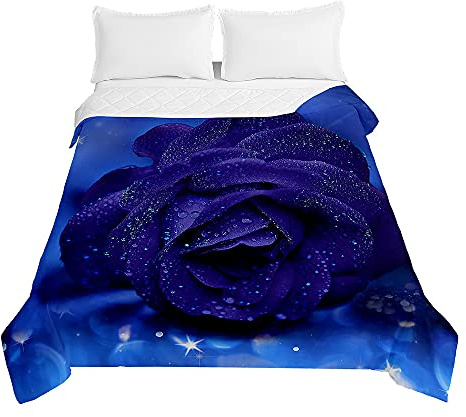 Chickw1 Tagesdecke Bettüberwurf Steppdecke, 3D Rose Blume Drucken Sommer Tagesdecken mit Präge Wohndecke aus Mikrofaser Gesteppt Bettdecke für Einzelbett Doppelbett (Blaue Rose,230x280cm)