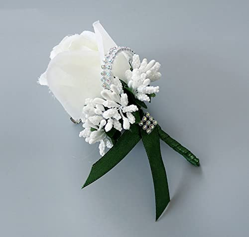 4 Stück Ansteckblume Hochzeit mit Anstecknadel Seidenband,Künstliche Rose Blume Hochzeitsbrosche,Hochzeit Zubehör Brautaccessoires,Boutonniere für Hochzeiten Bankette Jubiläumsdaten (Weiß Dunkelgrün)