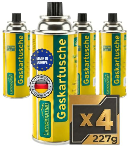 Campingman Gaskartuschen 227g MSF-1A im 4er Pack – Butangas Kartusche mit Ventil für Campingkocher, Grill, Unkrautbrenner & Gasgeräte, Campinggas, Gasflaschen