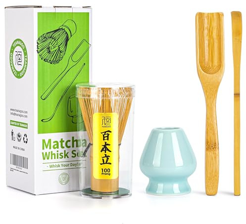 TEANAGOO 4 pièces Kit matcha, Fouet à matcha (Chasen), Cuillère traditionnelle, Cuillère à thé, Support pour fouet en céladon bleu, I2, L'ensemble parfait pour préparer une tasse de matcha