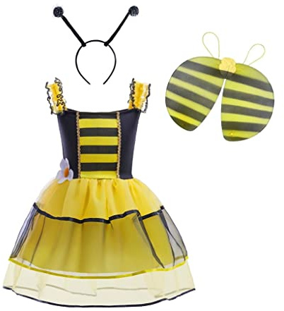 Lito Angels Deguisement Costume Robe de Abeille avec Ailes at Cerceau de Cheveux pour Enfant Fille Taille 4-10 ans, Jaune Noir