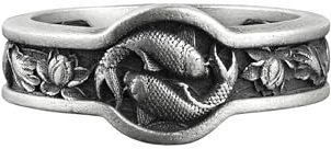 BySilverStone - Koi-Fisch Und Lotus-Herren-Naturring, Tier- Und Botanikring Aus Sterlingsilber, Floraler Ehering Für Männer, Fische-Schmuck, Fische-Geschenk