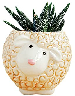 DIYOMR Maceta de cerámica de animales lindos, maceta pequeña con forma de dibujos animados para mini plantas, cactus de flores, cerámica suave y brillante, plantas no incluidas (oveja)