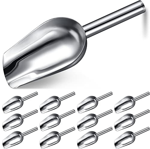 Bokon 12 Pcs Stainless Steel Ice Scoop Metal Candy Food Flour Scoops for Canisters Silver Scooper for Kitchen Ice Cream Sugar Popcorn Coffee Bean, Dishwasher Safe