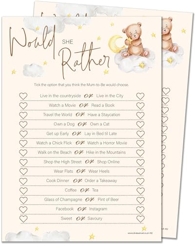 20 x Would Mummy Rather Baby Shower Game – Unisex Teddy Bear Design (20 Guest Cards + 1 Card of Answers for The Host + Winner Certificate) - Made in the UK