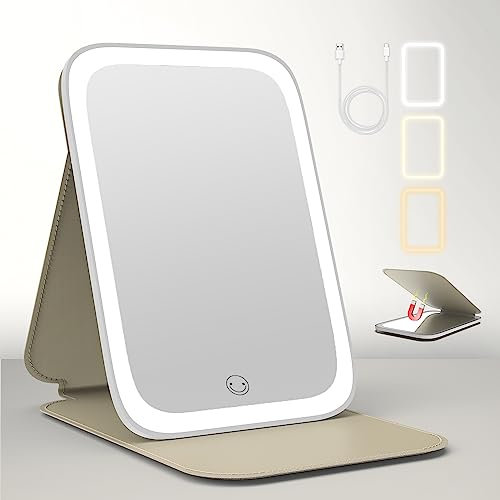 tekstap Portable Travel Light Up Mirror with Leather Cover, 3 Color Mode Dimmable Vanity Mirror, USB-C Rechargeable for Travel/Dressing Table/Gifts