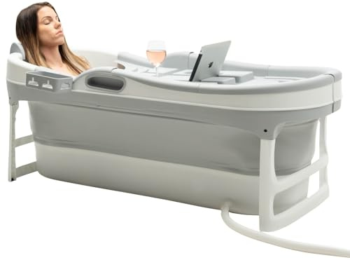 HelloBath® Hopfällbart Badkar XL 148x63x52 cm för Vuxna | Portabelt Badkar med Badkudde, Förvaringsväska, LED-lampa & Massagevalsar | Mobilt för Dusch & Utomhusbruk | Ljusgrå