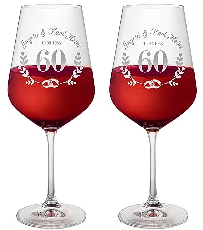 AMAVEL Set 2 Calici da Vino Bianco e Rosso con Incisione Personalizzata per le Nozze di Diamante con Nomi e Data, Bicchieri in Vetro per Coppie, Idee Regalo di Anniversario, Bomboniere