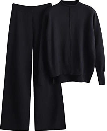 YCBMINGCAN Set da donna in maglia per autunno e inverno, con colletto alto, pantaloni lunghi, 2 pezzi, da sci, E-nero, Taglia unica