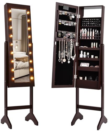 HOMASIS Armoire à bijoux de sol, miroir à bijoux avec lumières LED, miroir de rangement avec cadre, miroir porte-bijoux pour Caemra de lit, salle de bain, armoire pour cosmétiques (marron)