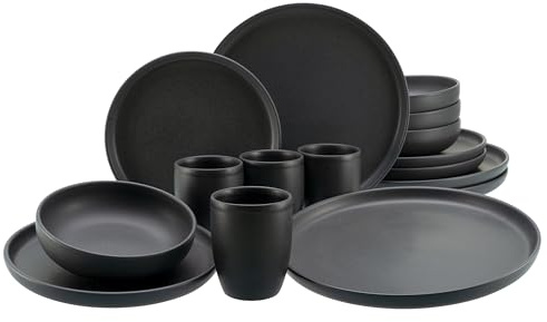 CreaTable, 23584, Serie Uno Black, 16-teiliges Geschirrset für 4 Personen, Kombiservice aus Steinzeug, spülmaschinen- und mikrowellengeeignet, Made in Portugal