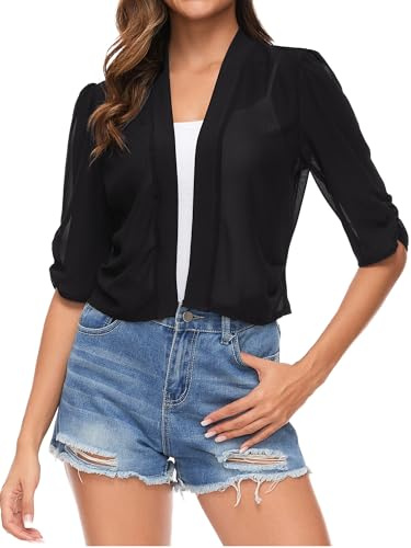 Famrrifuu Donna Coprispalle Elegante Estivo Cardigan Corta Bolero Giacca Coprispalle Corto per Matrimonio,Nero,S