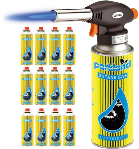 Top Home Solutions® Blow Torch Butane Gas Bottles – Auto Ignition Kitchen Blow Torch Refillable Flamethrower, Soldering Torch Lighter for Camping, Cooking, Kitchen & BBQ (Blow Torch + 12 Gas)