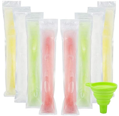 Wassereis Tüten, 150 Pack Samlomi Wassereis Formen, Wassereis Selber Machen, Eis Am Stiel Taschen mit Grünem Trichter (22.5 x 5.5 Cm) MEHRWEG (Transparent)