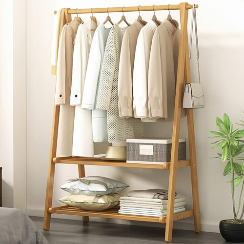 Foldable Wooden Garment Rack, Free Standing Wooden Clothes Rail with 2-Tier Storage Shelves & Side Hooks, 66/86/116x40x160cm, for Bedroom Hallway Entryway