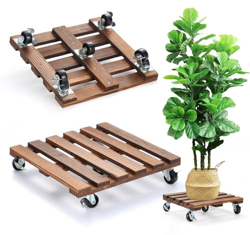 2 Pack Plant Stand with Wheels, 12 Rolling Plant Stand 264 LBS Heavy Duty Wooden Square Plant Caddy with Metal 360° Lockable Caster Wheels for Outdoor Indoor Large Plant Pots, Flower Pot, Patio