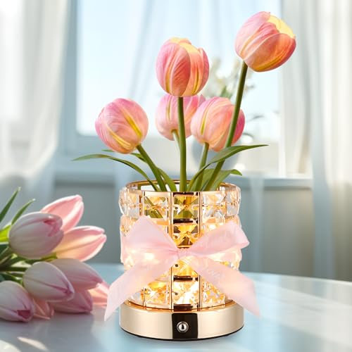ONXE Tulpen-Kristallblumenlampe, 3 Farben Nachtlicht mit unendlich dimmbarer Helligkeit und USB-Ladefunktion, kleines Nachtlicht, Nachttischlampe, Tischlampe für Schlafzimmer, Wohnzimmer