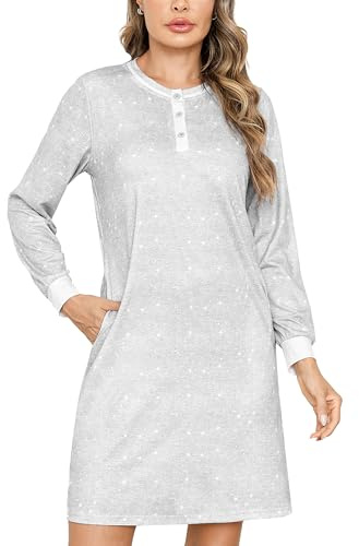 Jahetuul Chemise de Nuit Femme en Coton Manches Longues Boutonnée | Coton doux, manches longues, poches pratiques, ouverture boutonnée, motif étoilé pour dormir et se détendre à la maison.