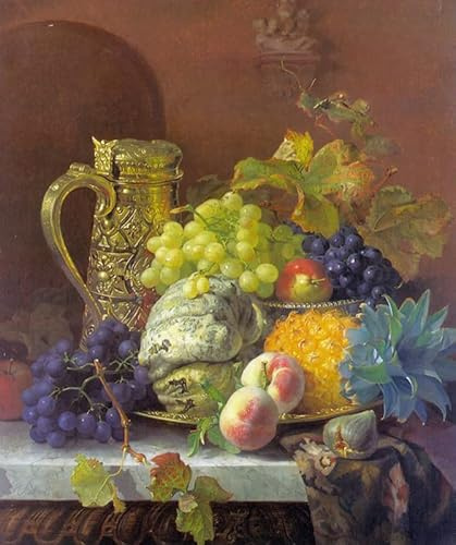 RZHRHJES Quadri Ad Olio su Tela Stampe da Parete Per Quadri Frutta su un vassoio con una caraffa d'argento su una sporgenza di marmo di Eloise Harriet Stannard per la Decorazione Della Parete 60x90cm