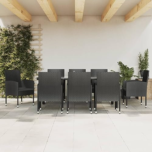 KTHLBRH 9-TLG. Garten-Essgruppe Schwarz Poly Rattan und Stahl Gartenmöbel-Sets Outdoor-Möbel-Sets Terrassenmöbel-Sets Balkonmöbel-Sets für Terrasse, Garten, Balkon