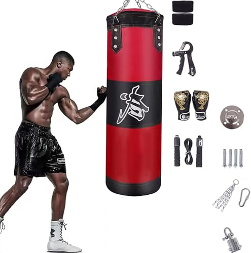 Hängande boxningspåse, boxningssäck set vuxna, 15-i-1 tung boxningssäck, med tjockare kedja kan roteras 360°. Lämplig för muay thailändsk boxning och sparring (ovadderad) (120 cm)