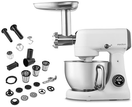 MEDION Robot de cocina con picadora (800 vatios, motor de CC, recipiente de acero inoxidable de 4,6 litros, ahorro de energía, ultrasilencioso, pantalla táctil con sensor digital, MD12600) Blanco