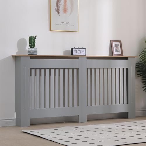 Vivo Technologies Radiator Cover Grey Modern Horizontal Slats, Extra Large XL Radiator Cover Grill Shelf Cabinet MDF Wood Decorative Heater Cover,Grey,W 172 x H 82 x D 19 cm