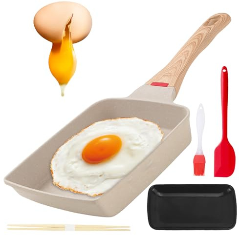 Padella Tamagoyaki: padella antiaderente, frittata giapponese con manico in legno isolato, padella rettangolare giapponese per tutti i piani cottura, padella per uova strapazzate antiaderente per