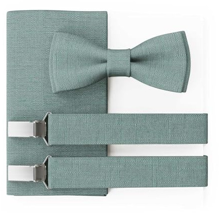MAY-TIE Herren Leinen Fliege Set | Hochzeitsfliege vegan vorgebunden | Leinenfliege Eukalyptus Grün | Optional mit Einstecktuch & Hosenträger | Large Batwing