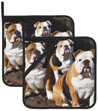 Quadratische hitzebeständige Topflappen mit Tasche, Motiv: Englische Bulldoggen, 2 Stück, für die Küche