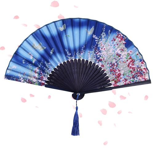 Alaoo Folding Fans, Handheld Fan Fabric Manual Fan Chinese Fans with Tassel for Birthday Gifts Dancing Cosplay Wedding Party Props Decoration(Blue)