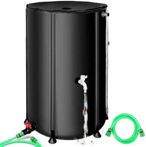 100 Gallon Collapsible Rain Barrel, SKM Portable Rain Water Collection Barrel for Garden/Outside/Lawn, PVC Rainwater Collection System Water Tank Storage Container with Spigots & Overflow Kit, Black