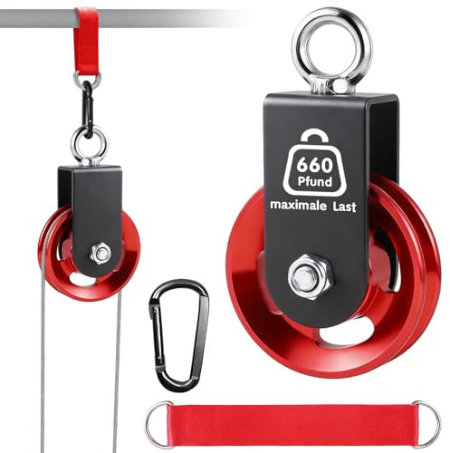 SupRovare 90mm Alu Umlenkrolle, Seilrolle Fitness mit U Haltebügel, Block Umlenkrollen für Seile DIY Gym Fitnessgeräte, Kabelmaschine Drahtseilrolle mit Karabinerhaken Verbindungsgurt, Rote