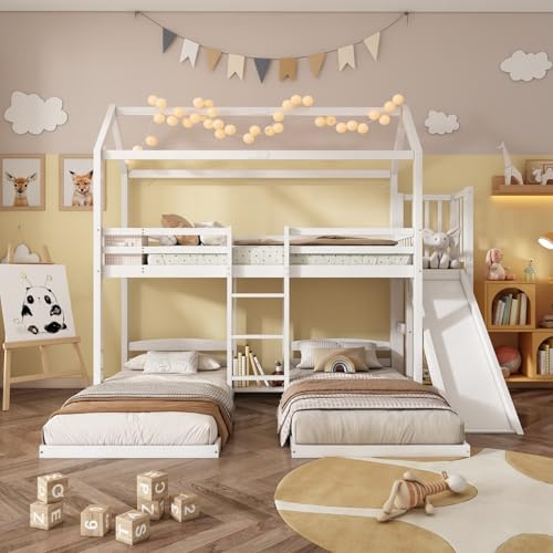 PUGSDRLY Lit Superposé Enfants 3 Places avec Toboggan,Haute Barrières,étagères Ouvertes,Lit Cabane Enfants 90x200 avec Sommier à Lattes,pour Garçons Filles,Blanc (B- 90X200)